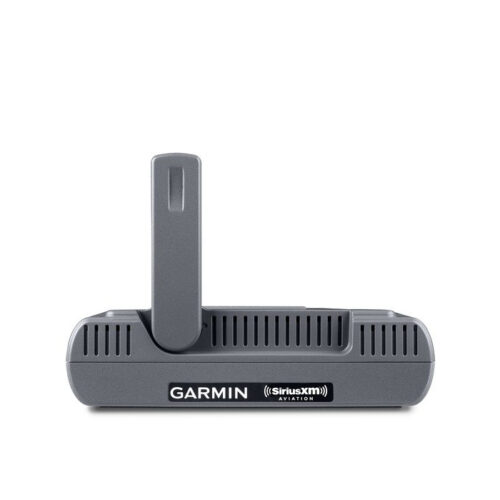 Garmin GDL 52 portable aviation receiver rear view showing SiriusXM Aviation label and antenna