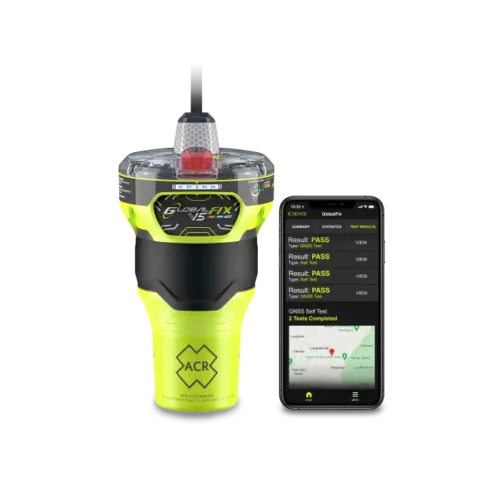 ACR GlobalFix V5 AIS EPIRB with RLS & NFC with smartphone and app beside it