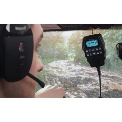 Cobra 75 All Road Wireless CB Radio hung beside rearview mirror on windshield