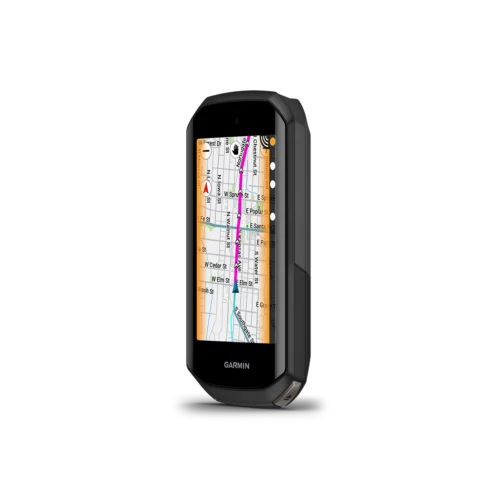 Garmin Edge 1050 bike computer map with radar left angled view
