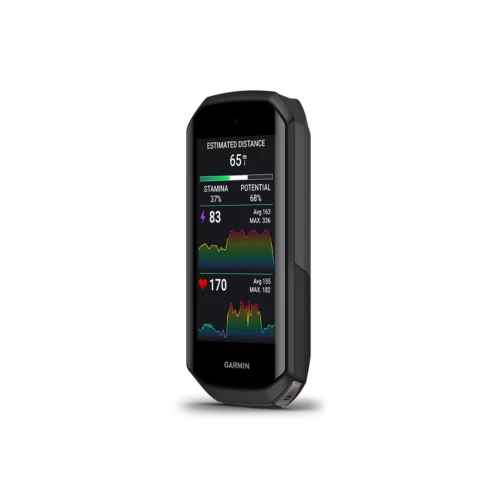 Garmin Edge 1050 cycling computer left angled view of estimated distance, stamina, and potential performance metrics