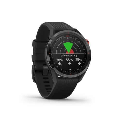Garmin Approach S62 in black right angled with drive accuracy screen