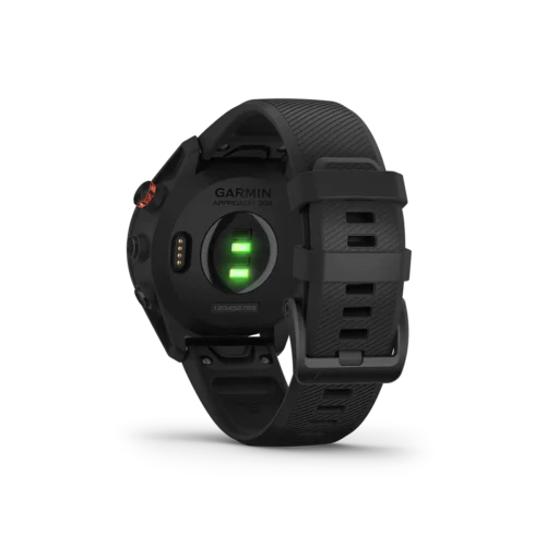 Garmin Approach S62 in black with back view and heart rate monitor