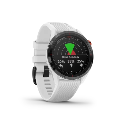 Garmin Approach S62 in white right angled with drive accuracy screen