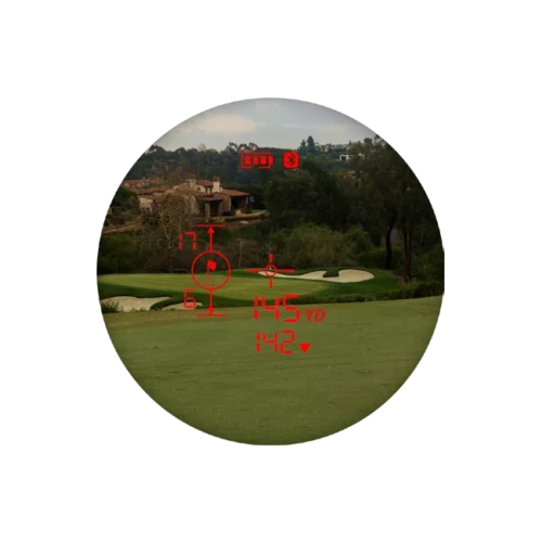 Garmin Z30 rangefinder viewfinder view with golf green measurements