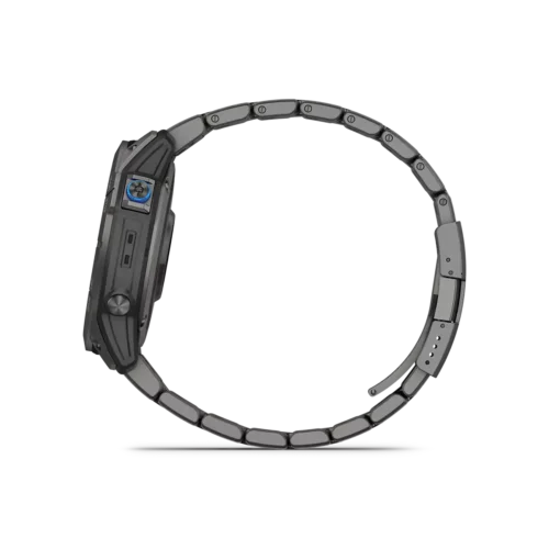 Garmin D2 Mach 1 Pro aviation smartwatch left side view with titanium bracelet