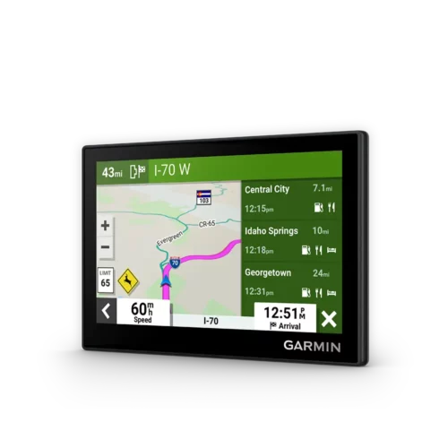 Garmin Drive 53 angled left with exit POIs on navigation screen