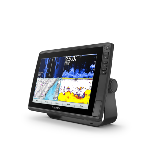 Garmin ECHOMAP Ultra 126sv marine chartplotter GN+ left angled view with four split screen view of sonar, maps