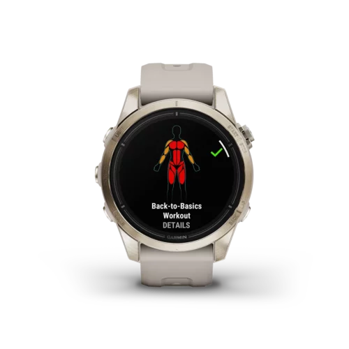 Garmin epix PRO Gen 2 Sapphire fitness watch in sand with workouts