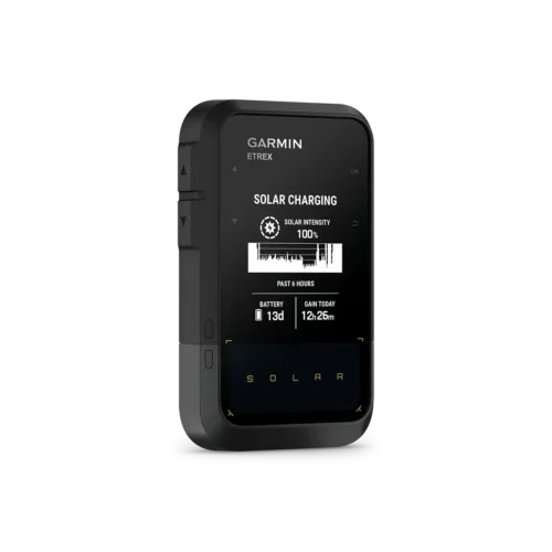 Garmin eTrex Solar angled view of solar charging, solar intensity and battery life