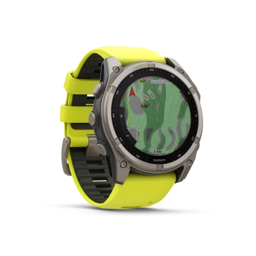 Garmin fēnix 8 solar smartwatch 51 mm titanium with yellow and graphite silicone band with map screen