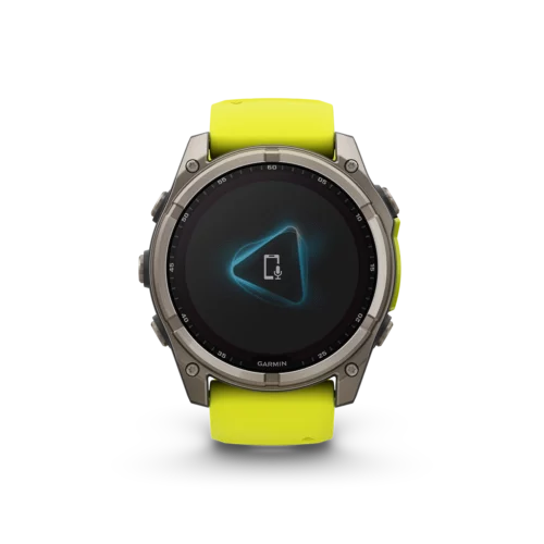 Garmin fēnix 8 solar smartwatch titanium with yellow band feature voice assistant