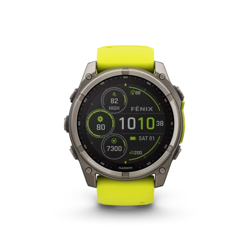 Garmin fēnix 8 solar 51mm titanium and yellow front view