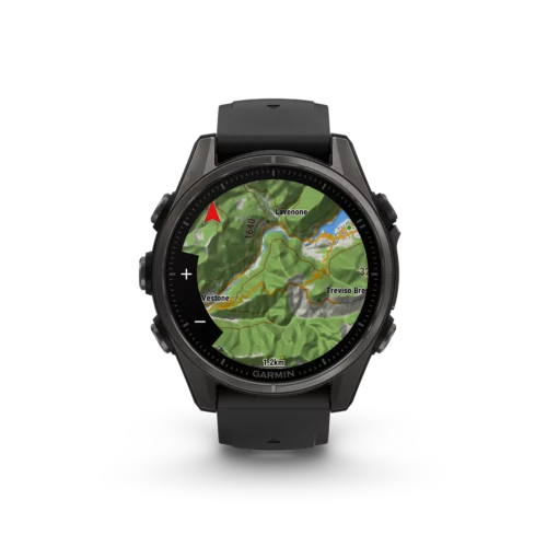 Garmin fenix 8 43mm carbon black topo map relief shading in metric