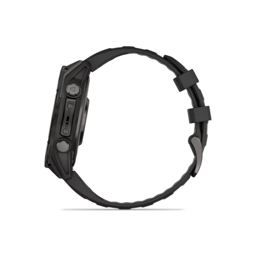 Garmin fēnix 8 47mm AMOLED smartwatch left side in Sapphire, Carbon Gray DLC Titanium showing controls