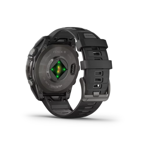 Rear view of Garmin fēnix 8 47mm AMOLED watch in Sapphire, Carbon Gray DLC Titanium showing sensors