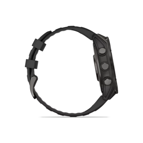 Garmin fēnix 8 47mm AMOLED smartwatch right side in Sapphire, Carbon Gray DLC Titanium showing buttons