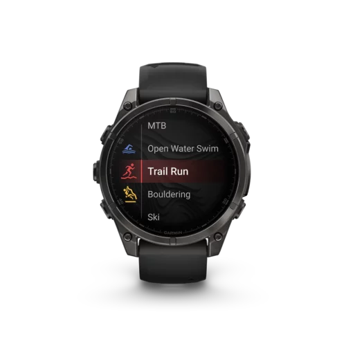 Garmin fēnix 8 47mm AMOLED watch in Sapphire, Carbon Gray DLC Titanium with black band showing exercise activity list