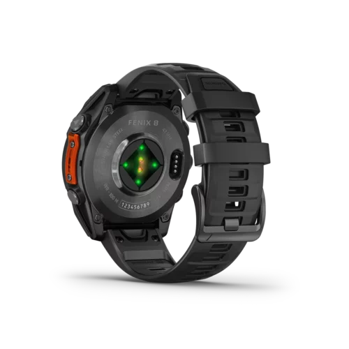 Rear view of Garmin fēnix 8 47mm AMOLED watch in Slate Gray showing sensors