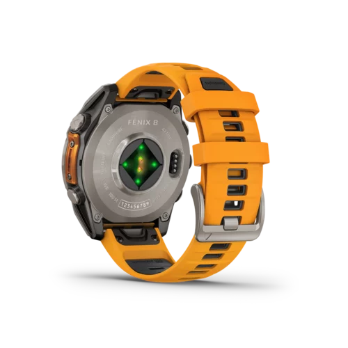 Rear view of Garmin fēnix 8 47mm AMOLED watch in sapphire titanium with orange showing sensors