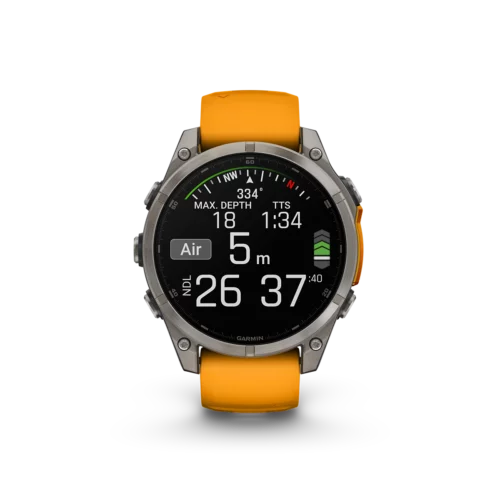 Garmin fēnix 8 47mm AMOLED watch in sapphire titanium with orange dive mode for scuba diving