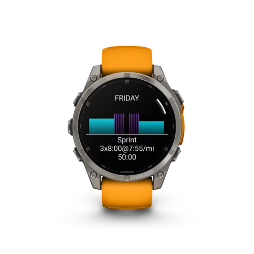 Garmin fēnix 8 47mm AMOLED smartwatch in sapphire titanium with orange band showing sprint training screen
