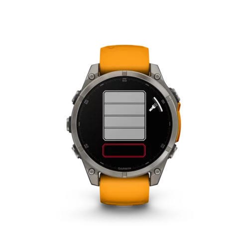 Garmin fēnix 8 47mm AMOLED smartwatch in sapphire titanium with orange band showing flashlight feature