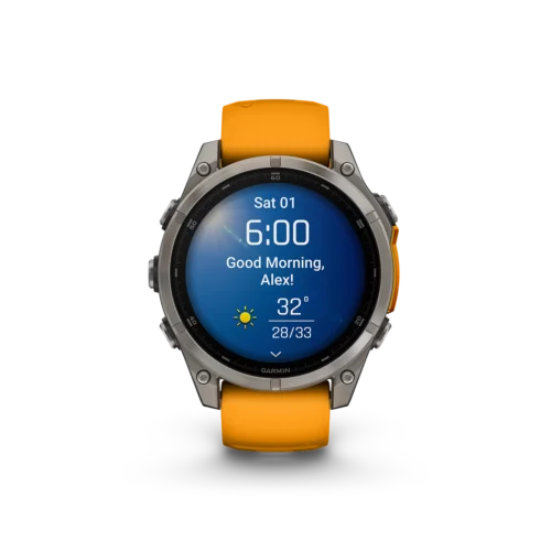 Garmin fēnix 8 AMOLED smartwatch in sapphire titanium with orange band showing morning report screen