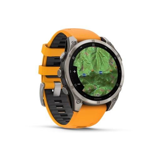 Angled view of Garmin fēnix 8 AMOLED watch in sapphire titanium with orange with TopoActive maps topographical maps metric