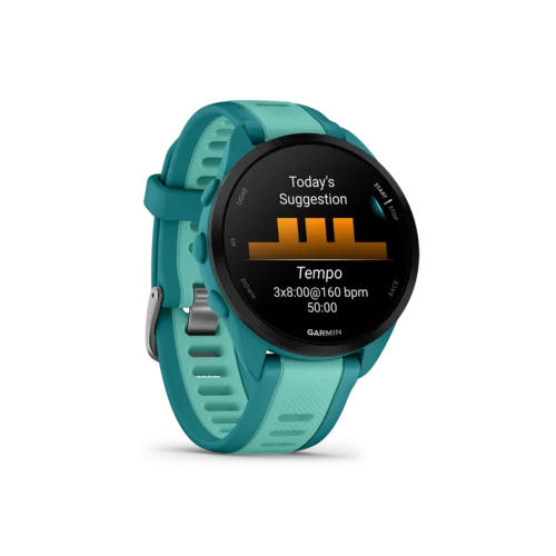 Garmin Forerunner 165 in aqua right-angled view with today’s suggestion screen