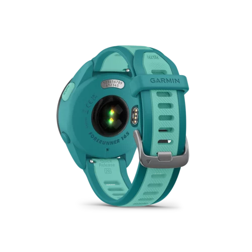 Garmin Forerunner 165 sport watch in aqua back view showing sensor