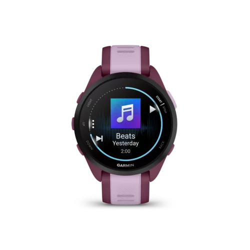 Garmin Forerunner 165 music watch in berry with music display screen