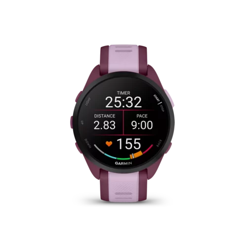 Garmin Forerunner 165 music watch with berry pink band displaying running data screen