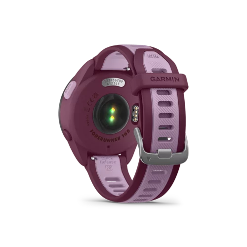 Garmin Forerunner 165 sport watch in berry back view showing sensor