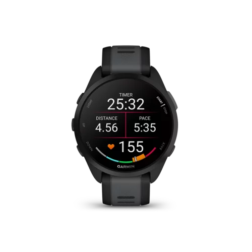Garmin Forerunner 165 music watch with black band displaying running data screen