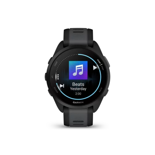 Garmin Forerunner 165 music watch in black with music display screen