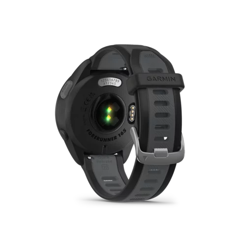 Garmin Forerunner 165 sport watch in black back view showing sensor