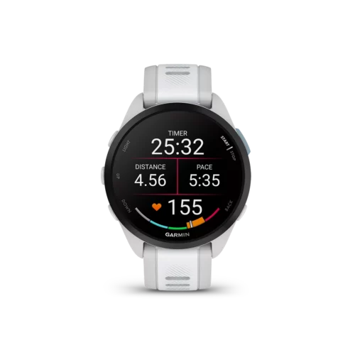 Garmin Forerunner 165 music watch with white band displaying running data screen