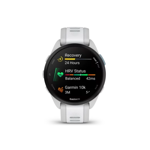 Garmin Forerunner 165 in white glances screen