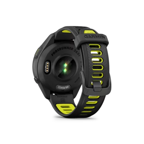 Garmin Forerunner 265S in black back view with heart rate monitor