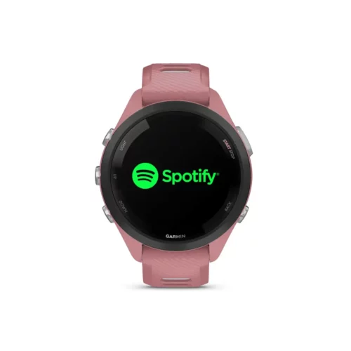 Garmin Forerunner 265S in pink with Spotify screen