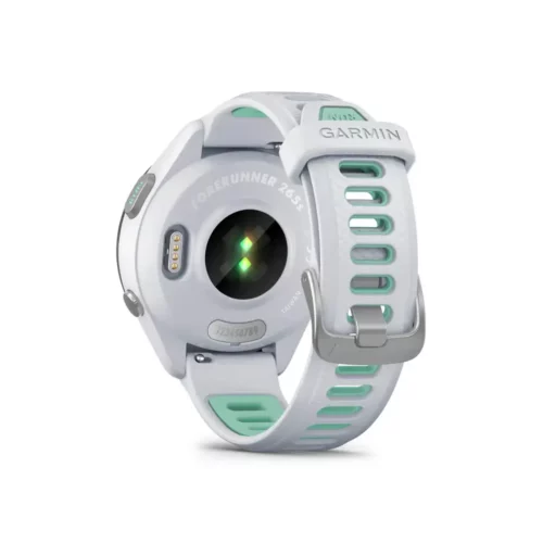 Garmin Forerunner 265S in white back side with heart rate monitor