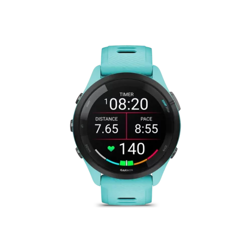 Garmin Forerunner 265 in aqua with timer and data fields screen