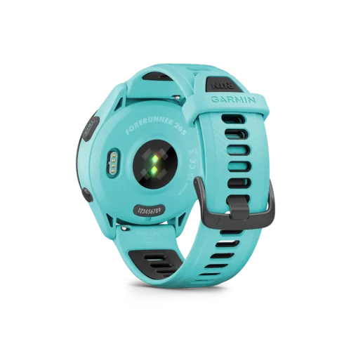 Garmin Forerunner 265 in aqua back view with heart rate monitor