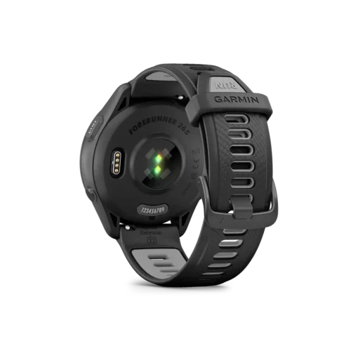 Garmin Forerunner 265 in black back view with heart rate monitor