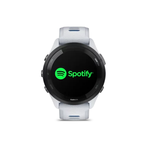 Garmin Forerunner 265 in white with Spotify screen