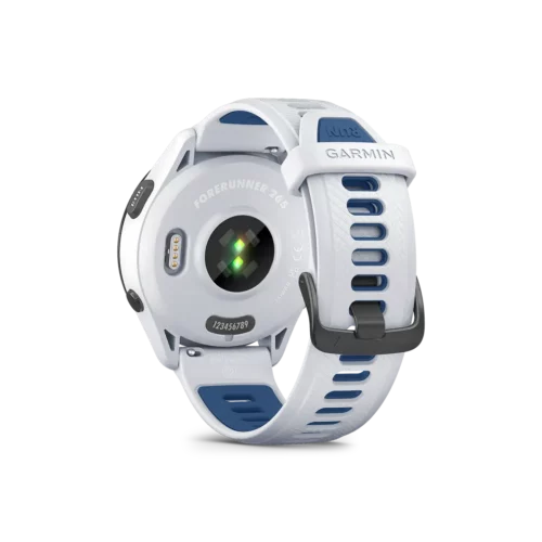 Garmin Forerunner 265 in white back side with heart rate monitor
