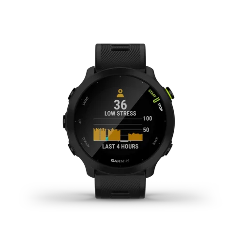 Garmin Forerunner 55 in black with stats