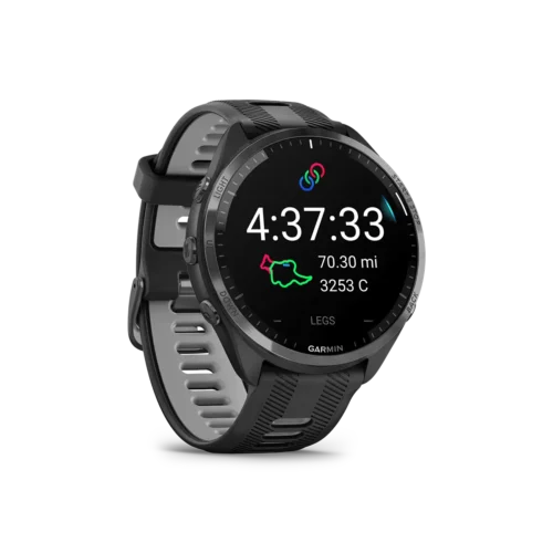 Garmin Forerunner 965 in black angled left with course