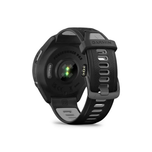 Garmin Forerunner 965 in black back view with wrist heart rate monitor